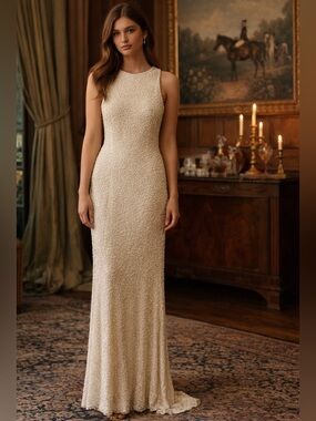 Lillie Rubin Ivory Silk Beaded Gown Sleeveless Maxi Formal Dress Size Small